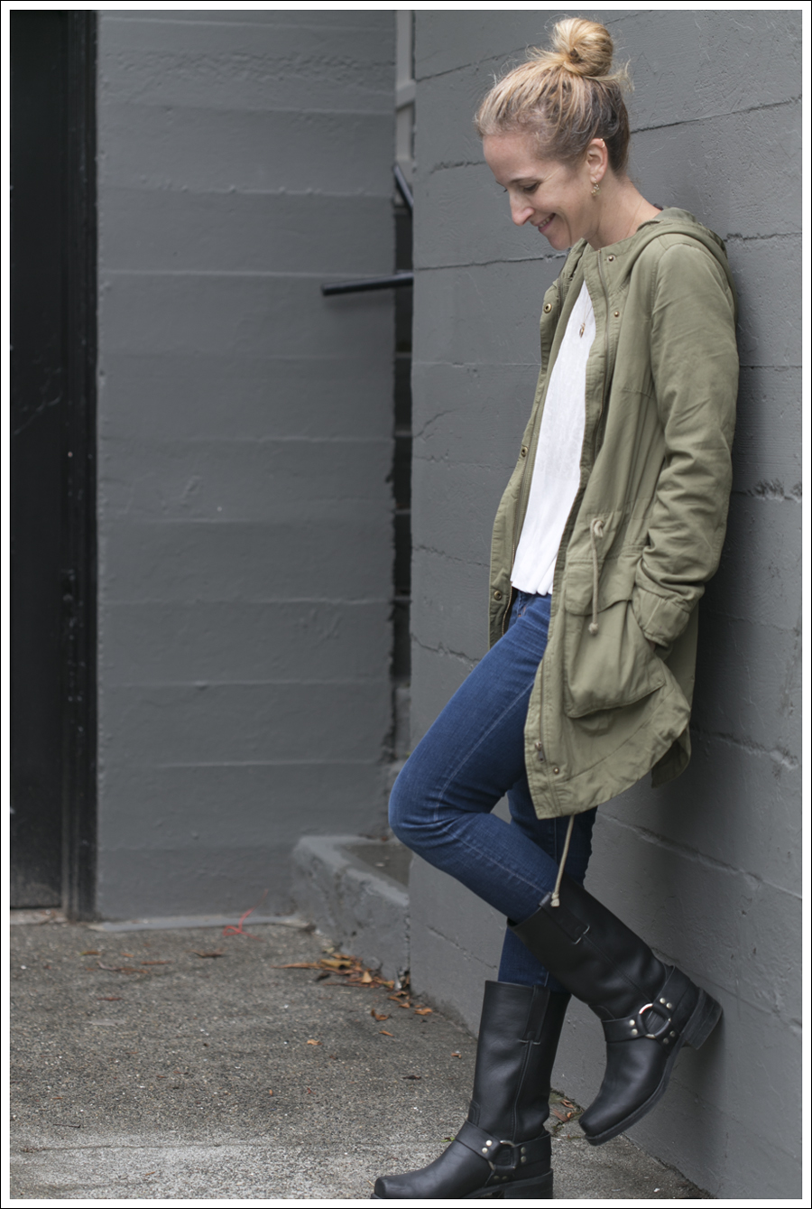 blog H&M Army coat J Brand Jeans Black Frye Harness Boots-2