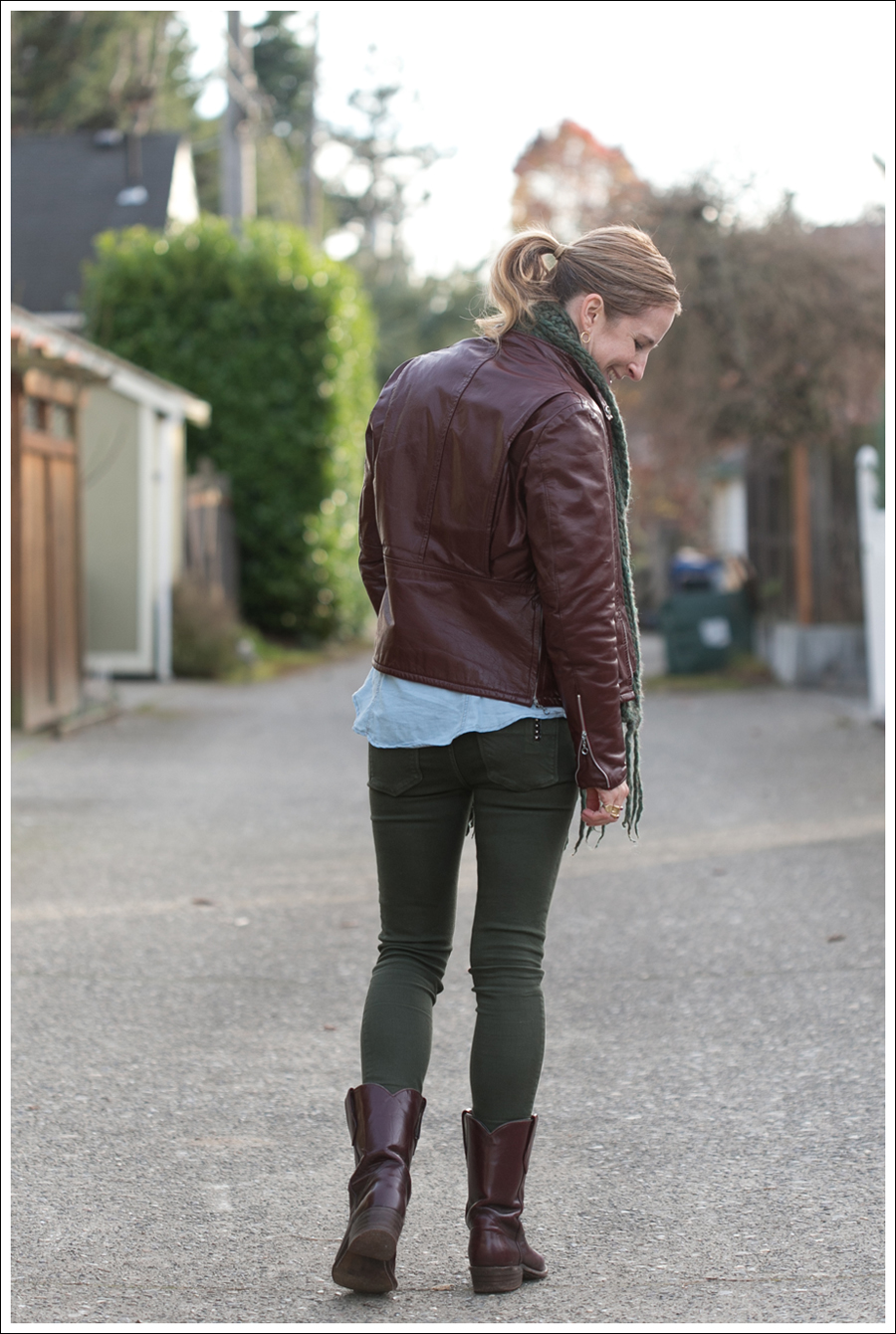Blog Oxblood Leather Jacket Green BlackOrchid Jeans Frye Boots-5