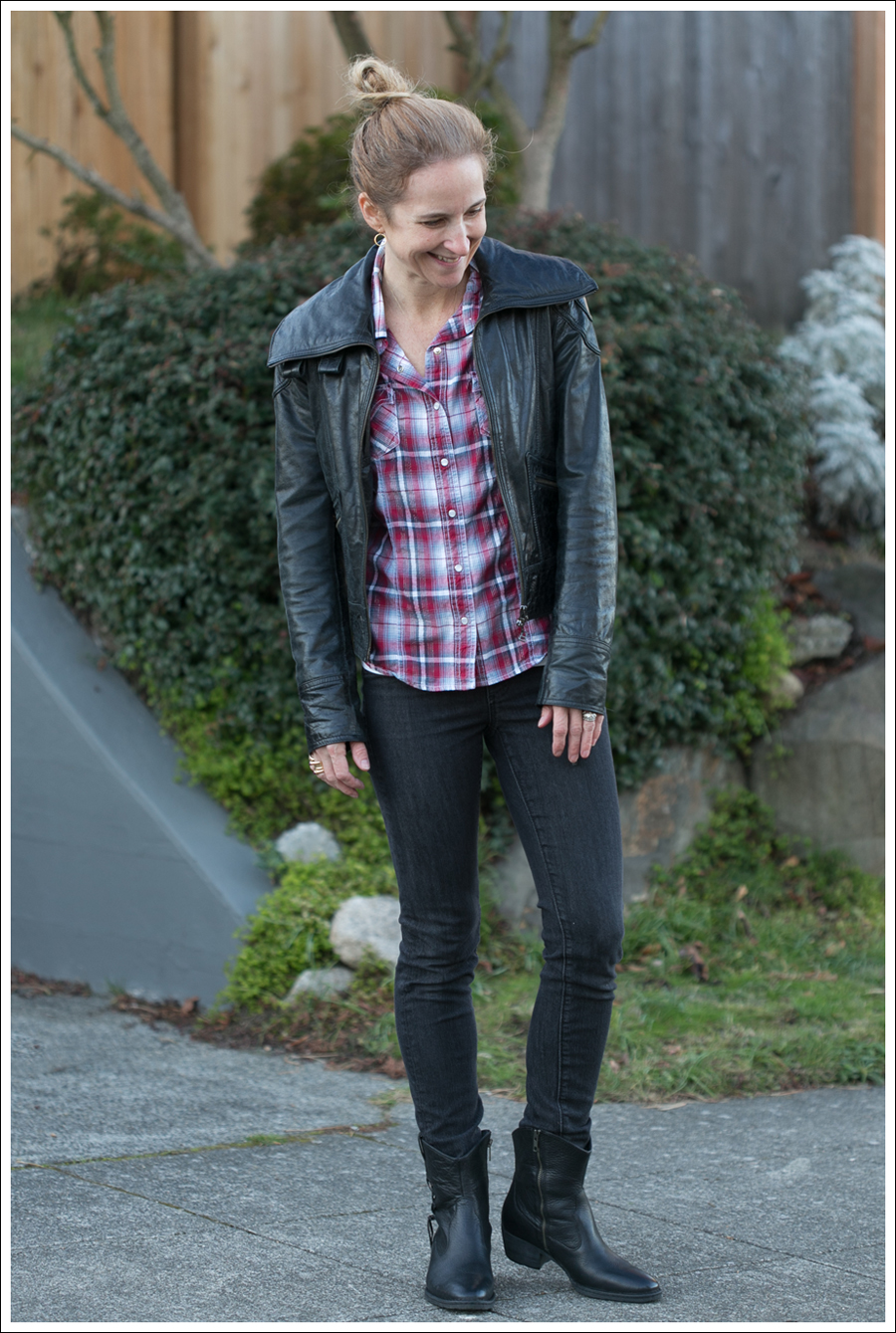 Blog Doma Leather Jacket Plaid Top AG Jeans Boots-1