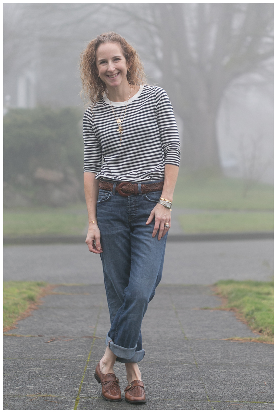 Blog 7FAM Boyfriend Zara Striped Tee Timberland Loafers-3