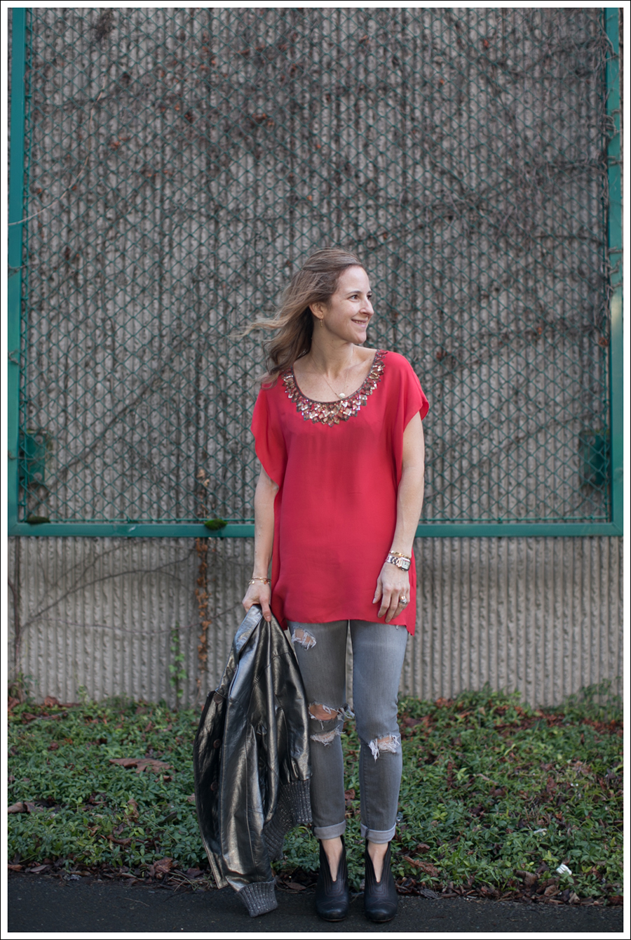 Blog Doma Leather Bomber Jacket BCBG Silk Tunic Current Elliott Destroyed Skinny Frye Booties-7