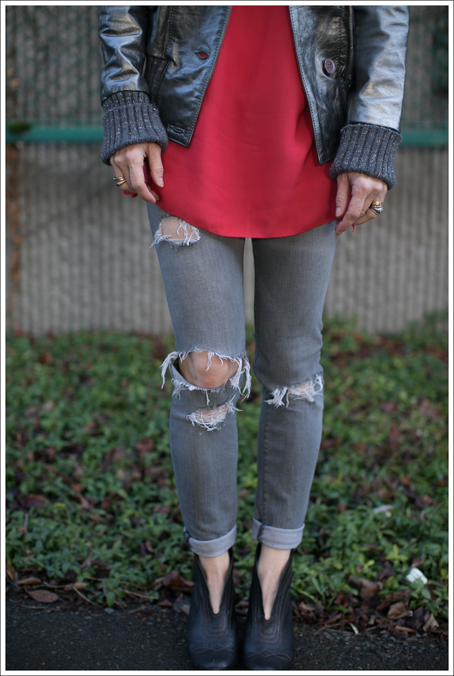 Blog Doma Leather Bomber Jacket BCBG Silk Tunic Current Elliott Destroyed Skinny Frye Booties-8