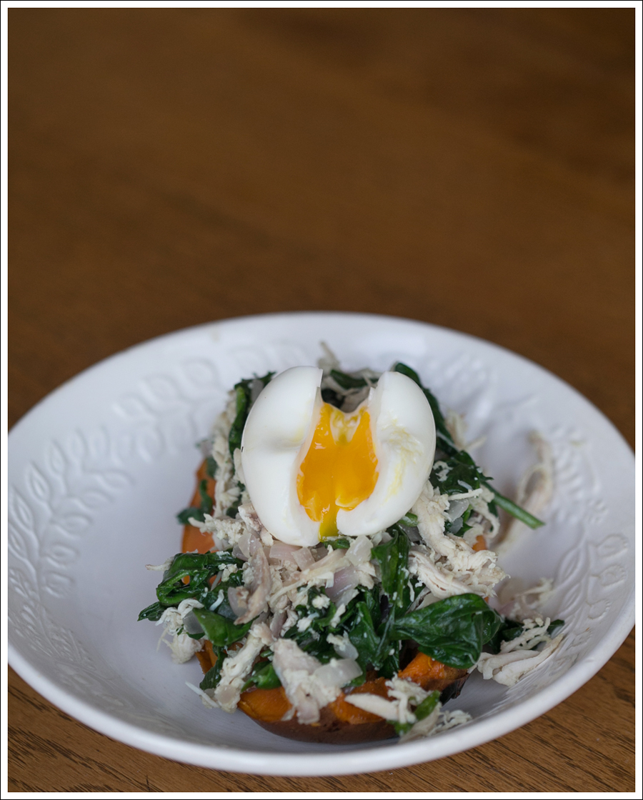 Blog Paleo Chicken and Spinach Stuffed Sweet Potato with Soft Boiled Egg-1