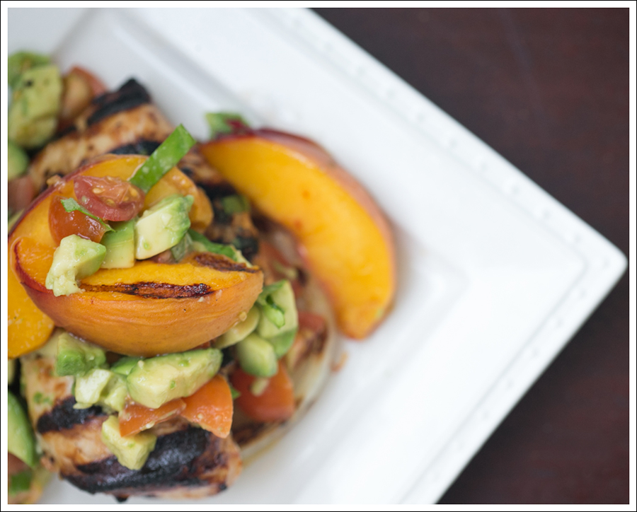 Blog Paleo Whole30 BBQ Chicken Onions Peaches with Avocado Tomato Salsa-1