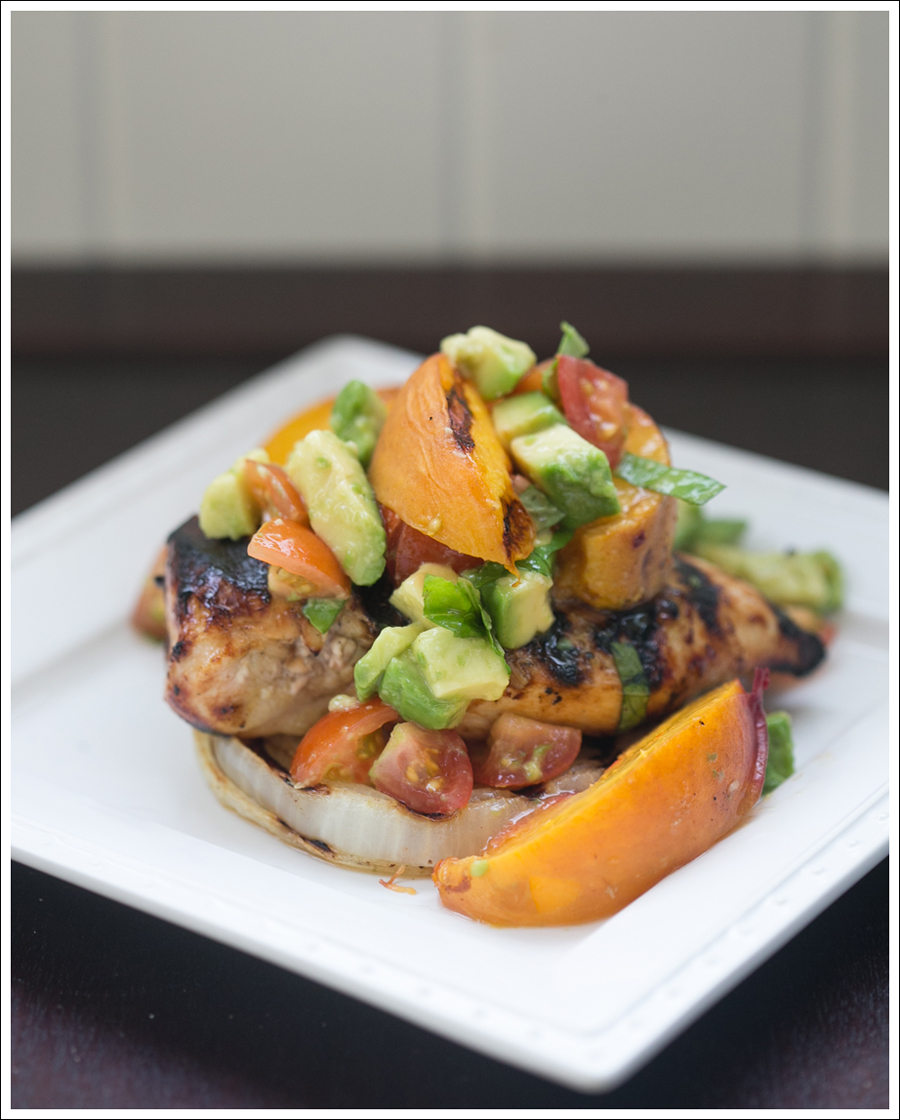 Blog Paleo Whole30 BBQ Chicken Onions Peaches with Avocado Tomato Salsa-2