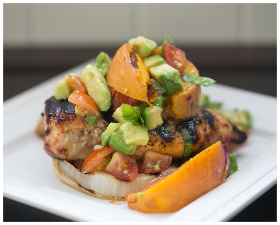 Blog Paleo Whole30 BBQ Chicken Onions Peaches with Avocado Tomato Salsa-3