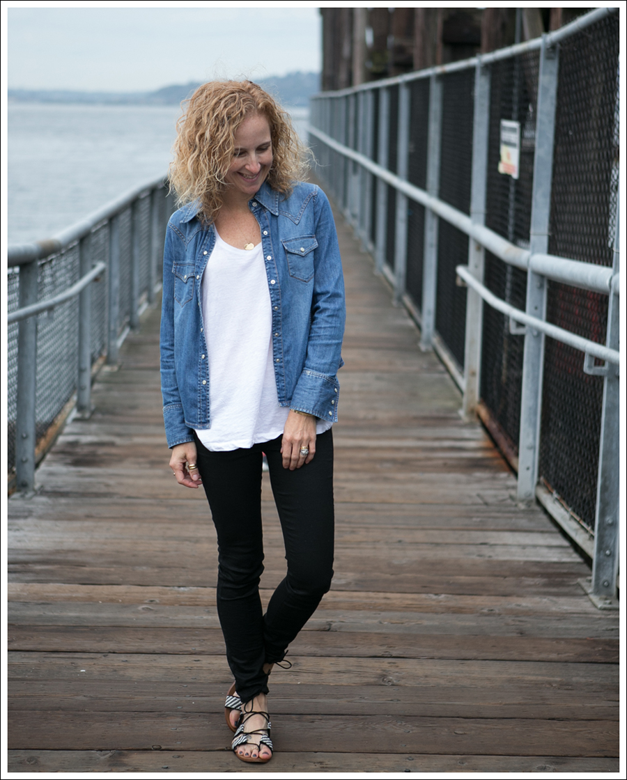 Blog Gap Denim Shirt HM Tank J Brand Coated Crinkle Zara Lace Up BW Sandals-1