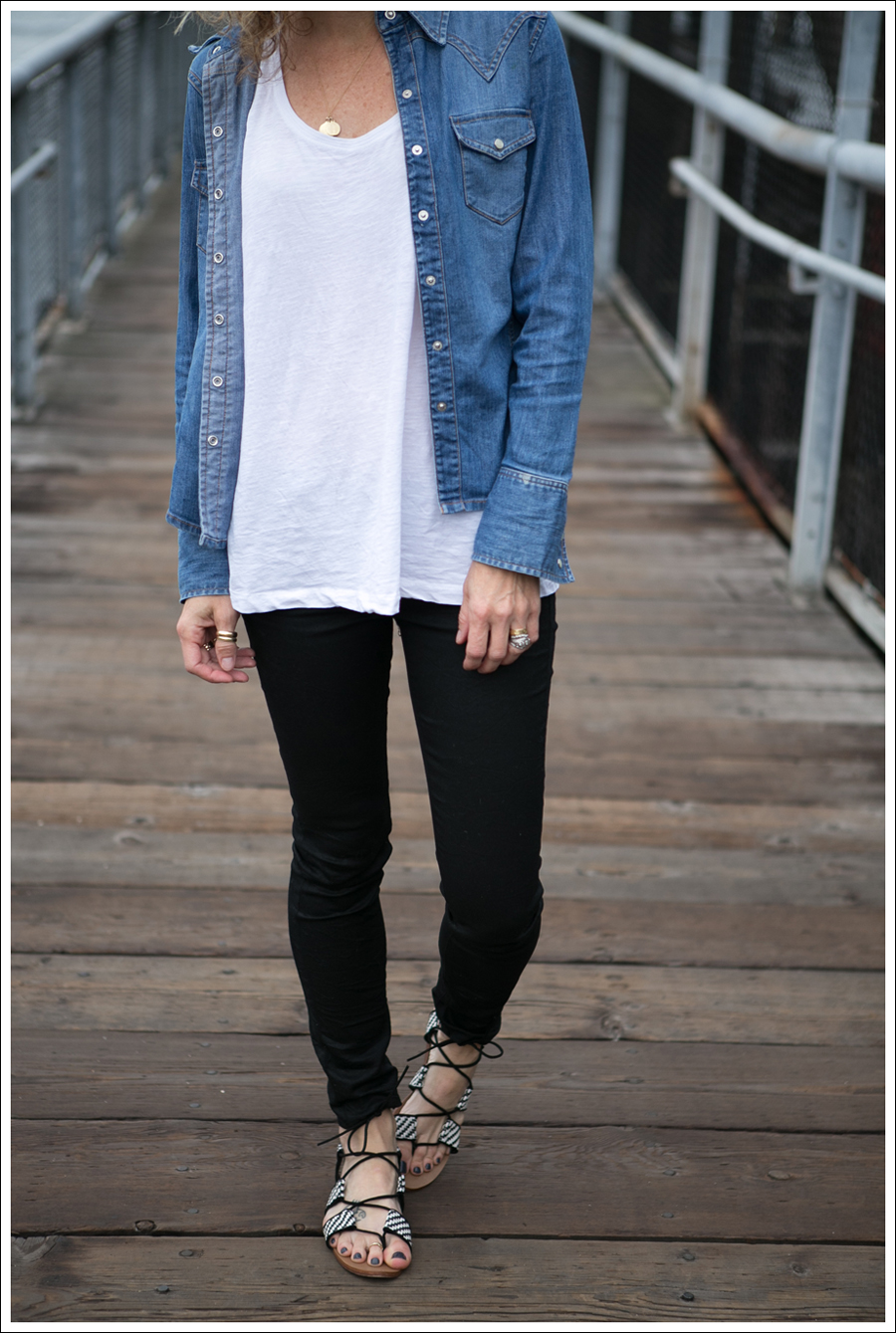 Blog Gap Denim Shirt HM Tank J Brand Coated Crinkle Zara Lace Up BW Sandals-2