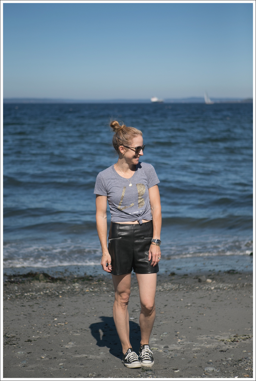 Blog Little Boogaweezin PLM Tee Zara High Waisted Faux Leather Shorts Black Converse Beach-1
