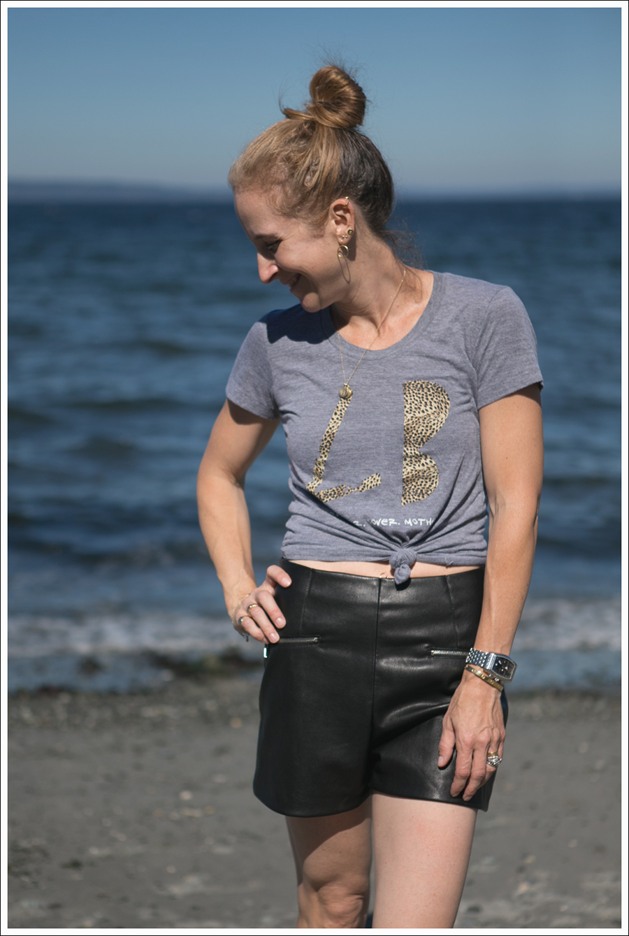 Blog Little Boogaweezin PLM Tee Zara High Waisted Faux Leather Shorts Black Converse Beach-2