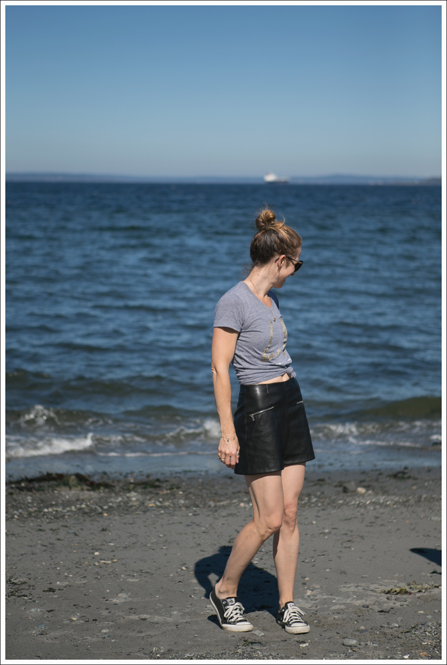 Blog Little Boogaweezin PLM Tee Zara High Waisted Faux Leather Shorts Black Converse Beach-3