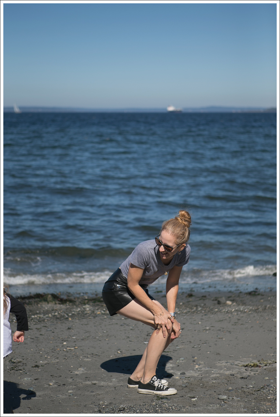 Blog Little Boogaweezin PLM Tee Zara High Waisted Faux Leather Shorts Black Converse Beach-5
