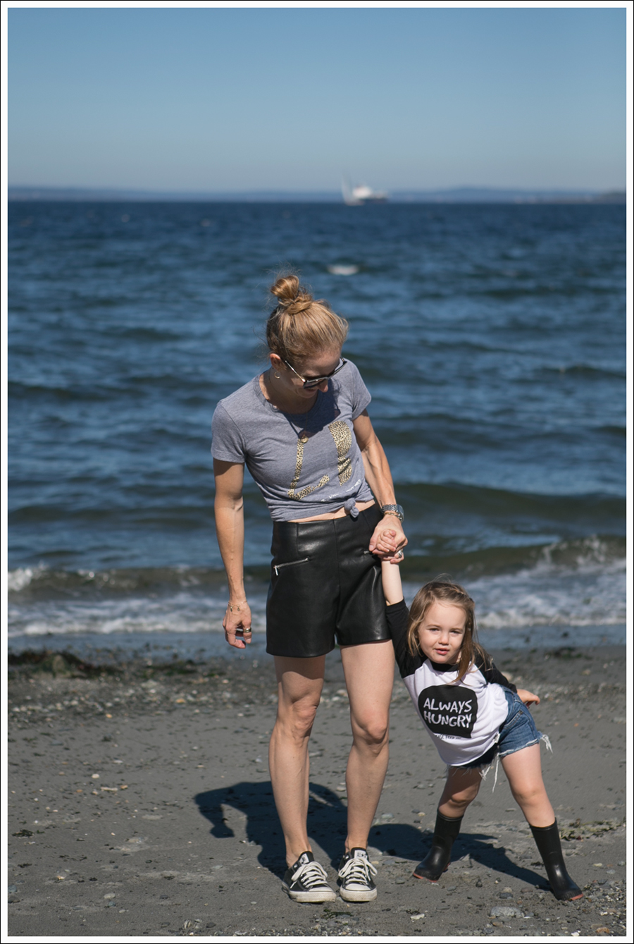 Blog Little Boogaweezin PLM Tee Zara High Waisted Faux Leather Shorts Black Converse Beach-7