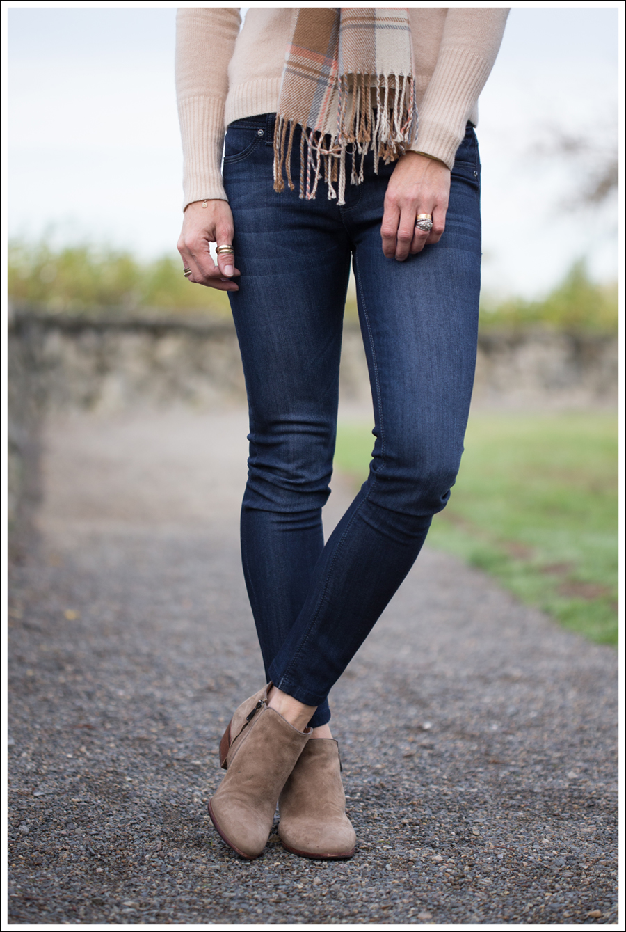 1 Blog Vintage Brown Plaid Scarf Autumn Cashmere Sweater DL1961 Emma Bloom Sam Edelman Petty Suede Booties-2