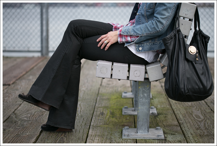 Blog Gap Denim Jacket Vintage Plaid Shirt J Brand Coated Flare Sam Edelman Moccasin Wedge Gustto Estiva Bag-2