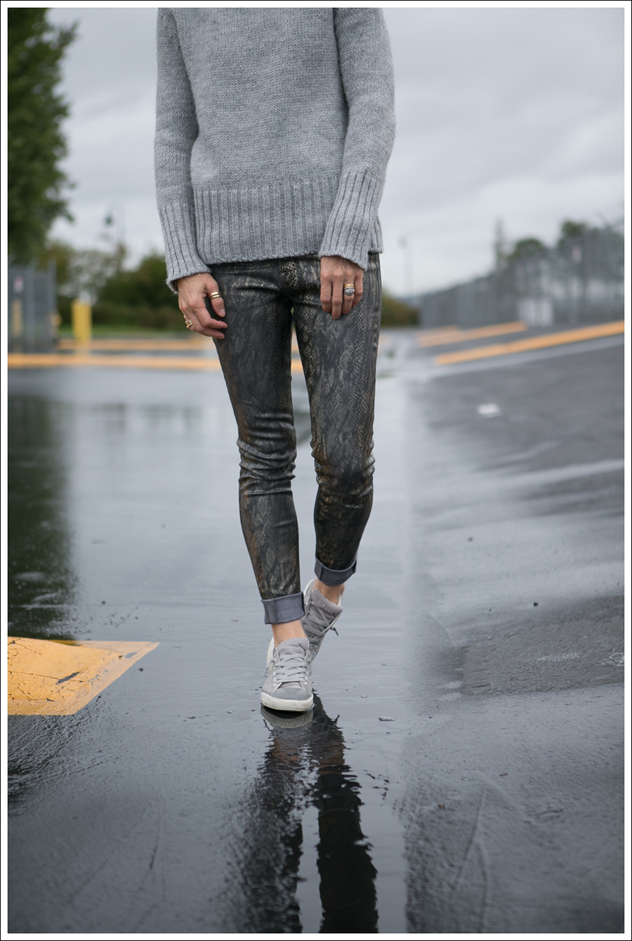 Blog Gray Zara Funnel Neck Sweater Coated J Brand Python Skinny Jeans Gray Suede Converse-1