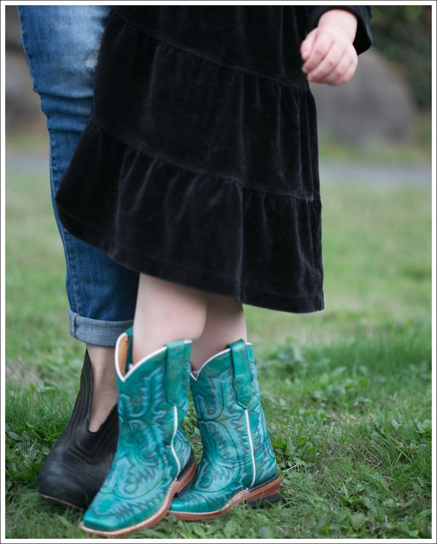 Blog Hanna Andersson Black Velour Twirl Dress Corral Teal Cowboy Boots-