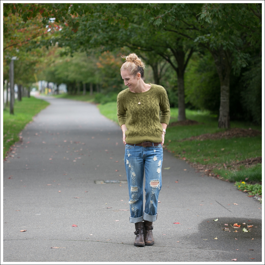 Blog J Crew Olive Fishermans Sweater Blank NYC Destroyed Relaxed Straight Leg Cafe Noire Harness Boots-1