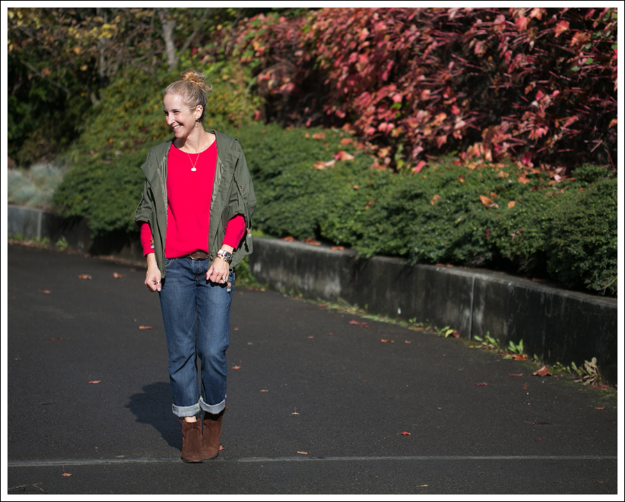 Blog StyleMint Green Parka Red Joie Cashmere Sweater with Elbow Patches Rich and Skinny Studded boyfriend jeans Nine West Brown Suede Booties-1