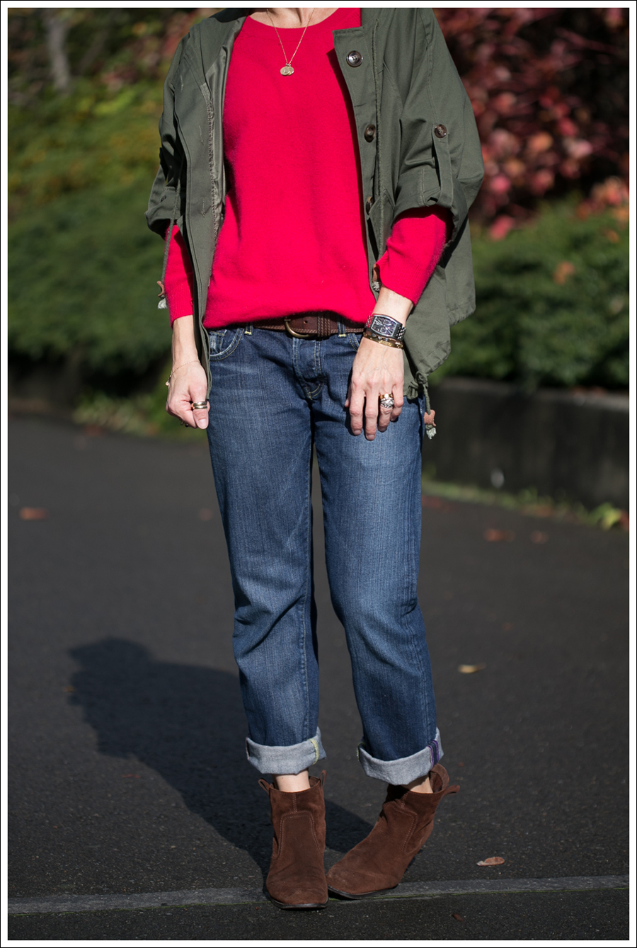 Blog StyleMint Green Parka Red Joie Cashmere Sweater with Elbow Patches Rich and Skinny Studded boyfriend jeans Nine West Brown Suede Booties-2