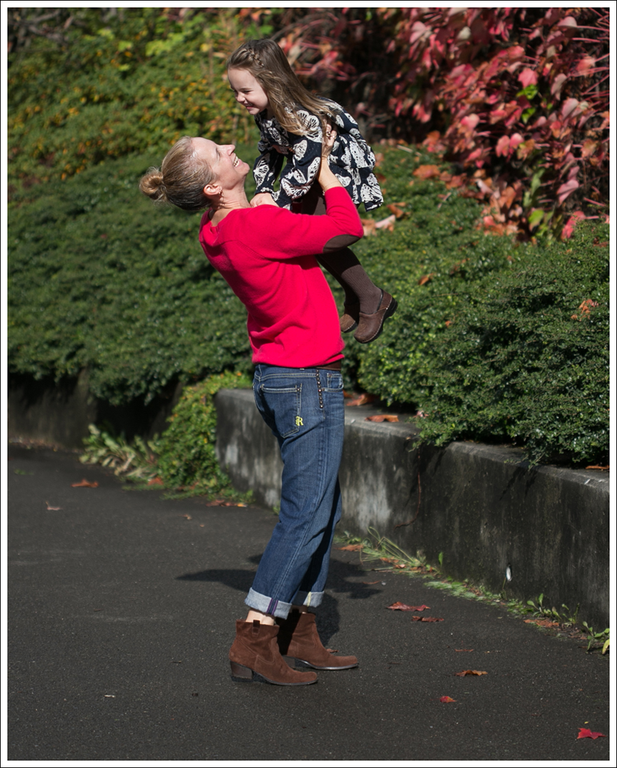 Blog StyleMint Green Parka Red Joie Cashmere Sweater with Elbow Patches Rich and Skinny Studded boyfriend jeans Nine West Brown Suede Booties-24