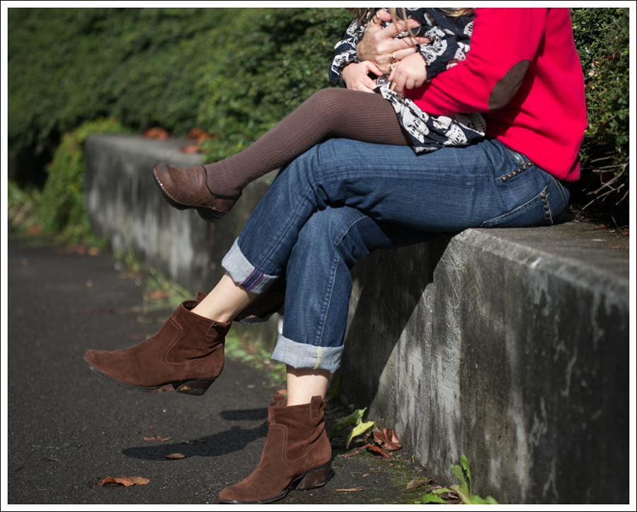Blog StyleMint Green Parka Red Joie Cashmere Sweater with Elbow Patches Rich and Skinny Studded boyfriend jeans Nine West Brown Suede Booties-27