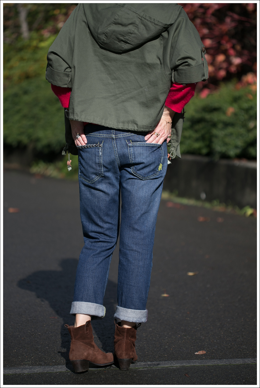 Blog StyleMint Green Parka Red Joie Cashmere Sweater with Elbow Patches Rich and Skinny Studded boyfriend jeans Nine West Brown Suede Booties-3