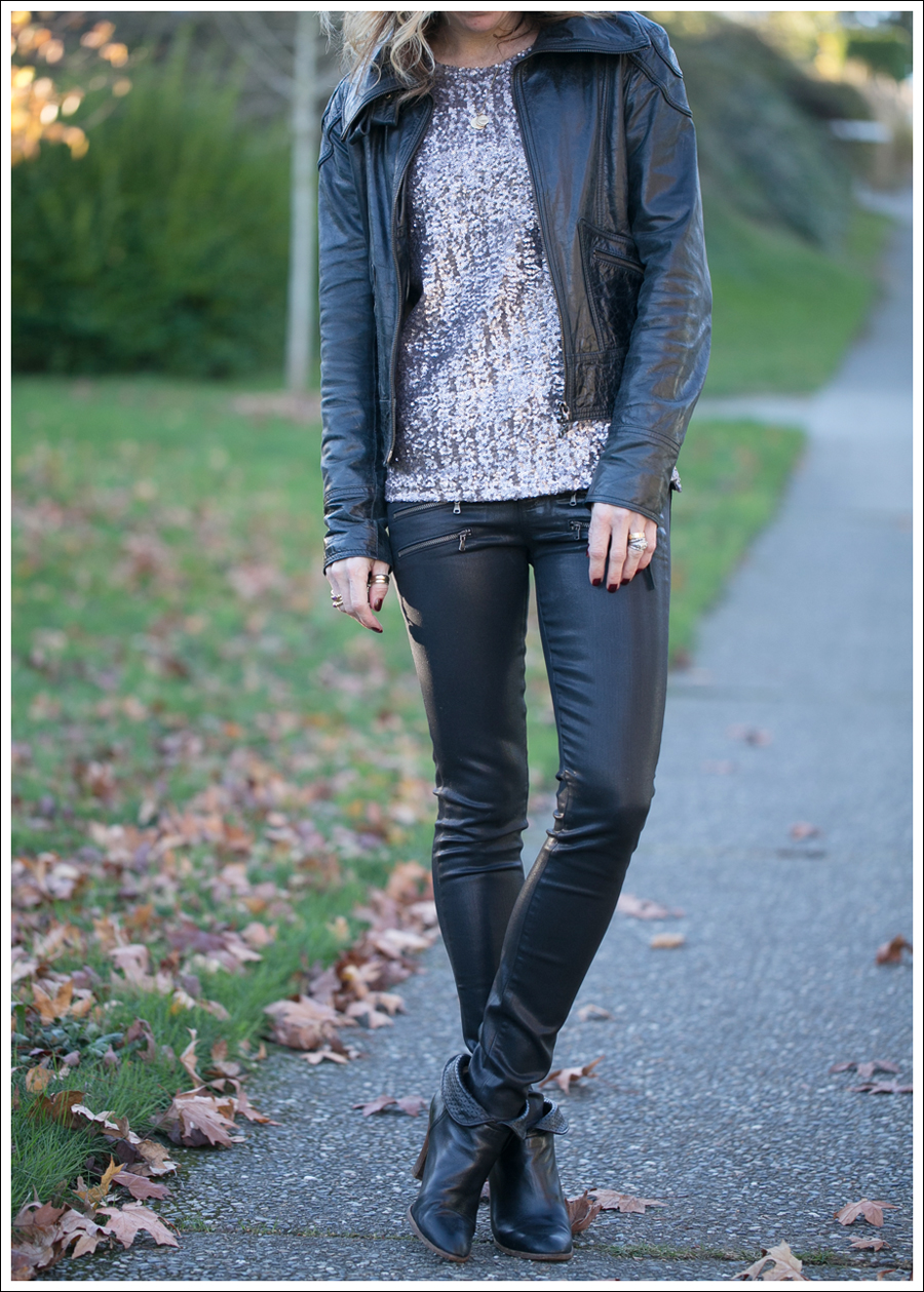 Blog Doma Leather Jacket Velvet Sequin Top Paige Edgemont Coated Paul and Joe Booties-2