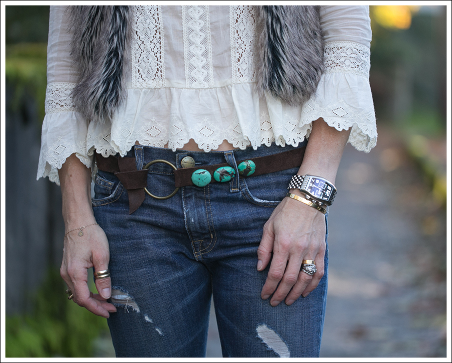 Blog Faux Fur Vest Free People Princess Gwendoline Top Streets Ahead Suede Turquoise Belt Current Elliott Destroyed Boyfriend Jeans Cafe Noire Booties-3