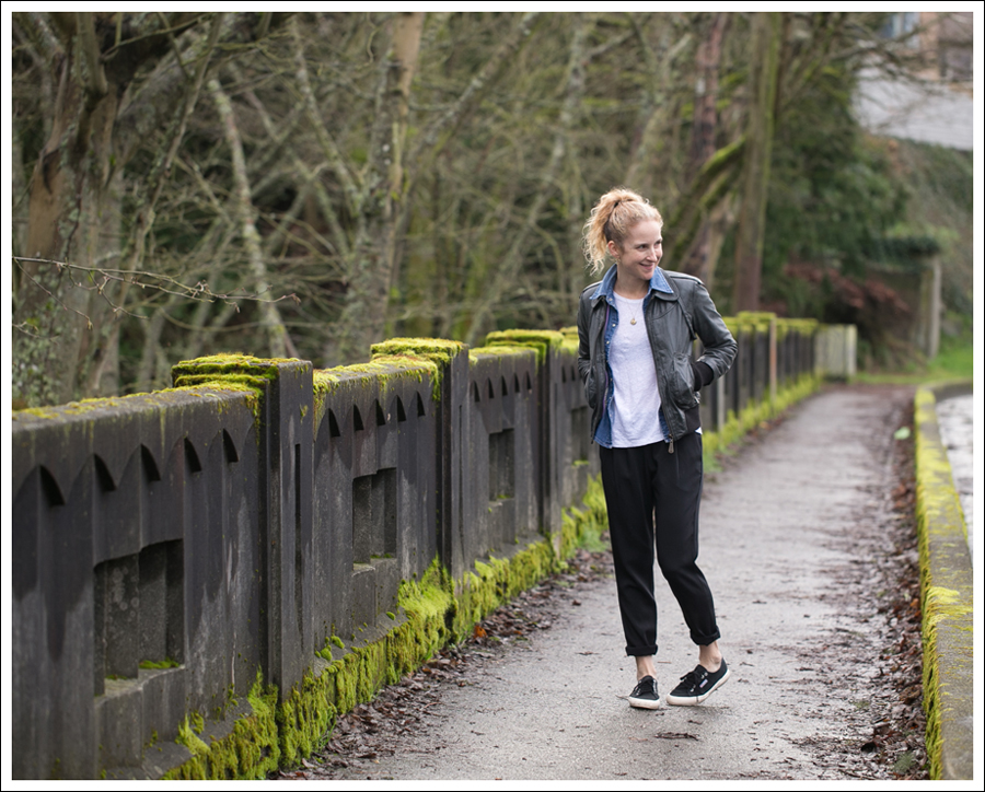 Blog Doma Leather Bomber Jacket Gap Denim Shirt Zara J Brand Irene Pant Black Superga-1