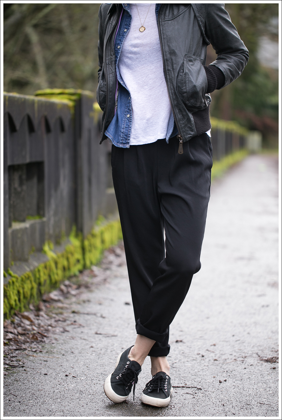 Blog Doma Leather Bomber Jacket Gap Denim Shirt Zara J Brand Irene Pant Black Superga-2