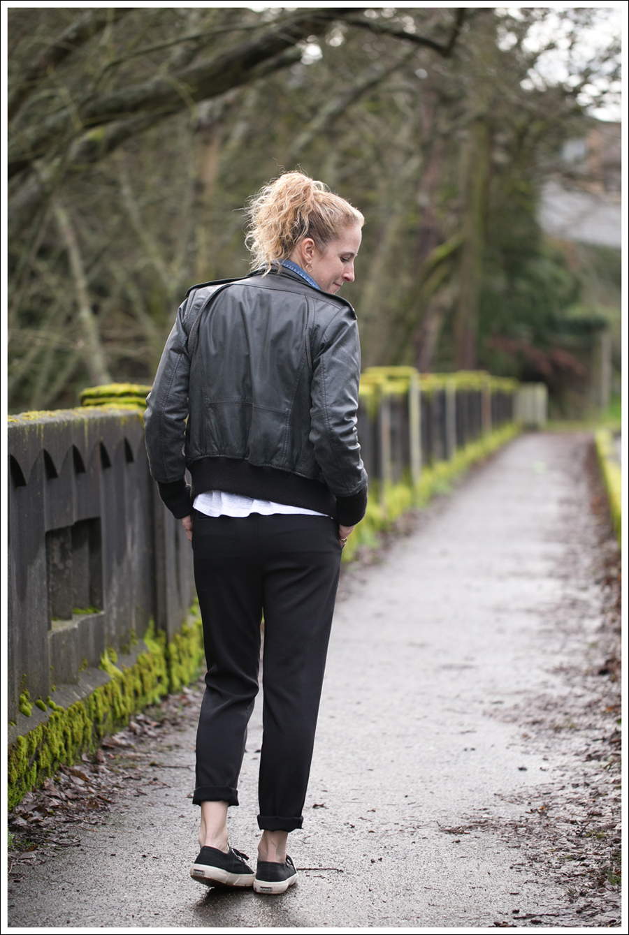 Blog Doma Leather Bomber Jacket Gap Denim Shirt Zara J Brand Irene Pant Black Superga-3