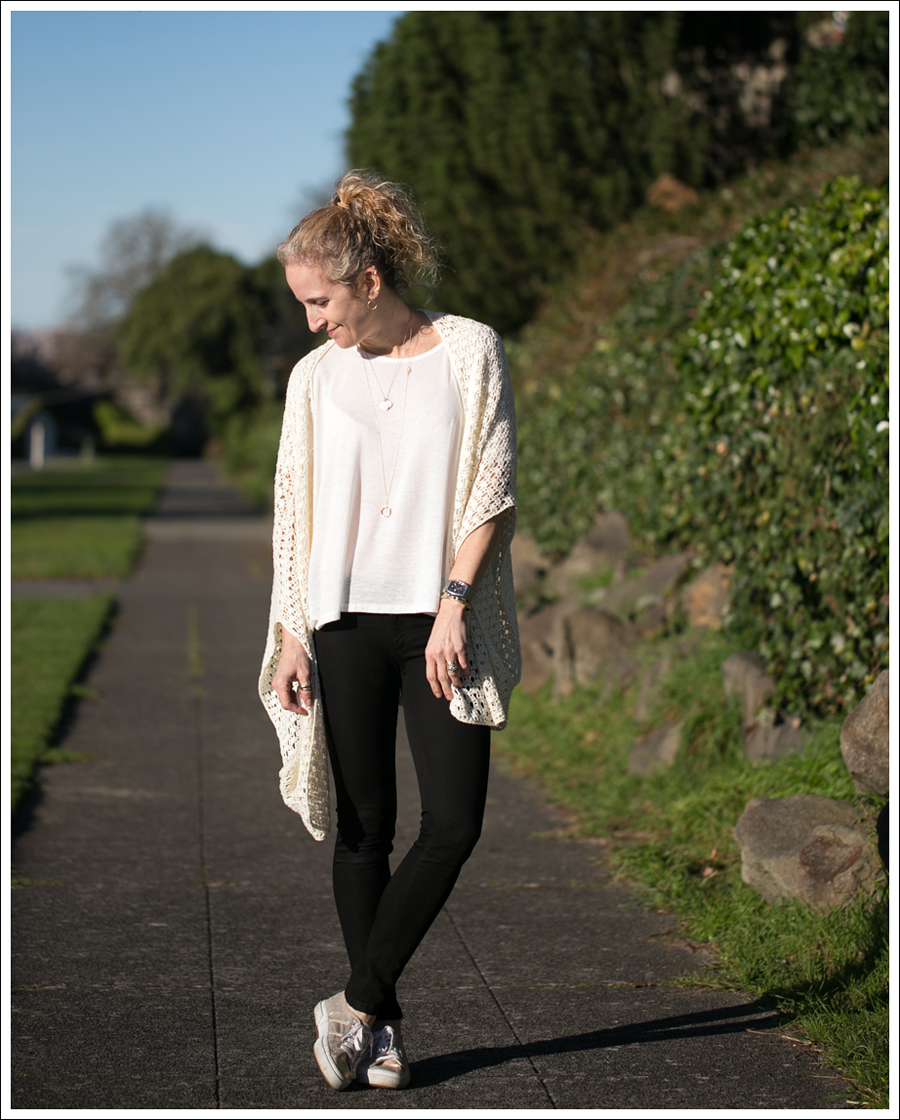 Blog Lily McNeal Open Knit Crochet Cardigan UO Corner Shop Tee DL1961 Emma Riker Gold Superga-1