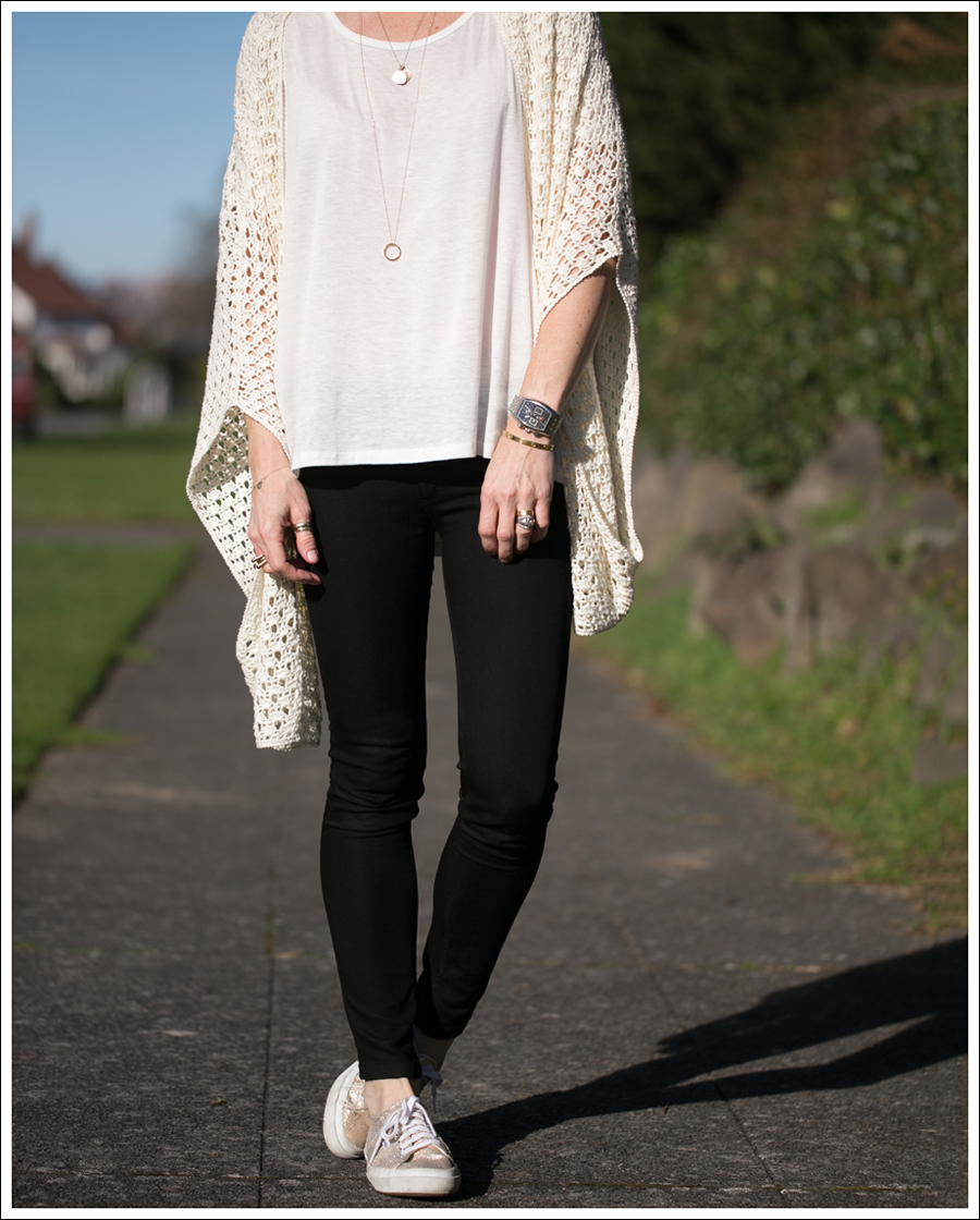 Blog Lily McNeal Open Knit Crochet Cardigan UO Corner Shop Tee DL1961 Emma Riker Gold Superga-2