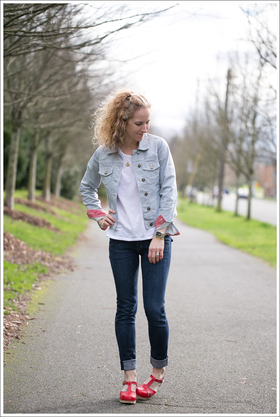 Blog Boden Railroad Stripes Denim Jacket Hudson Skinny Jeans Red Sven Lacy Clogs-1