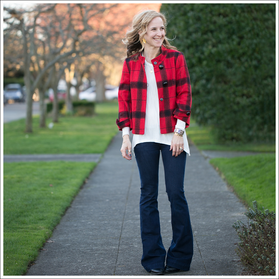 Blog Elliott Lauren Buffalo Plaid Jacket Zara Asymetrical Tee DL1961 Joy Flare Jeans Joan David Boots-2