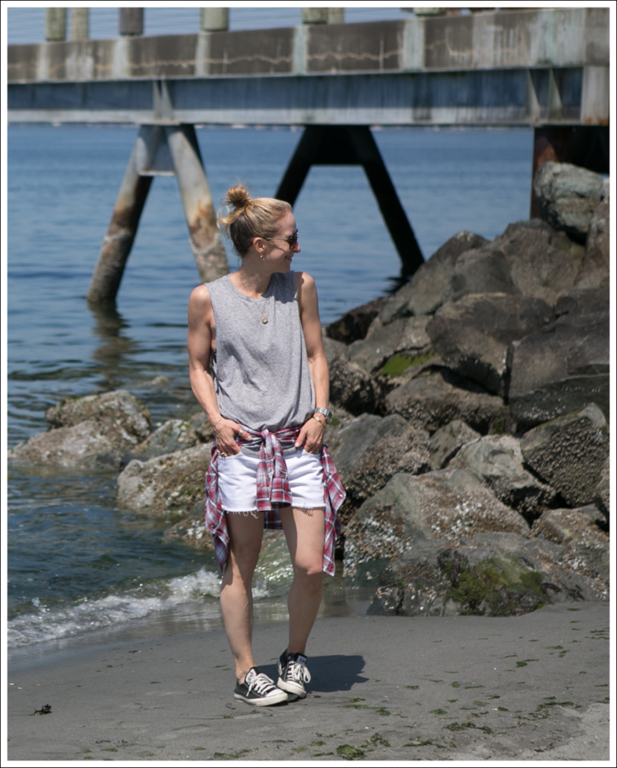 Blog HM Gray Muscle Tee DL1961 Lola Cut Off Shorts in Lennox Panhandle Slim Vintage Plaid Button Down Black Converse-1