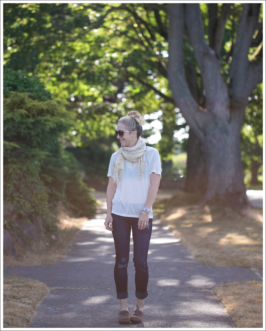 Blog StyleMint Tee Scarf DL1961 Amanda Skinny Seville Dansko Brown Clogs-1