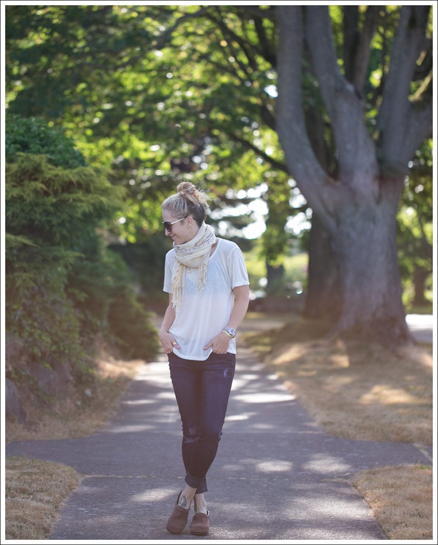 Blog StyleMint Tee Scarf DL1961 Amanda Skinny Seville Dansko Brown Clogs-3