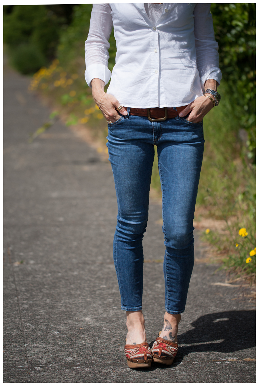 Blog Theory White Button Down AG Cropped Skinny Jeans Carlos Santana Tribe Clogs-2