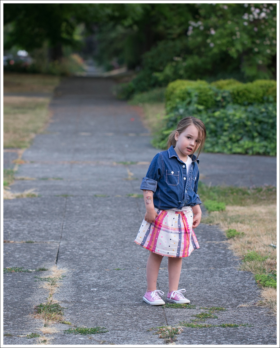 Blog Hanna Andersson Denim Shirt American Apparel Tank Lands End Skirt Pink Converse-5