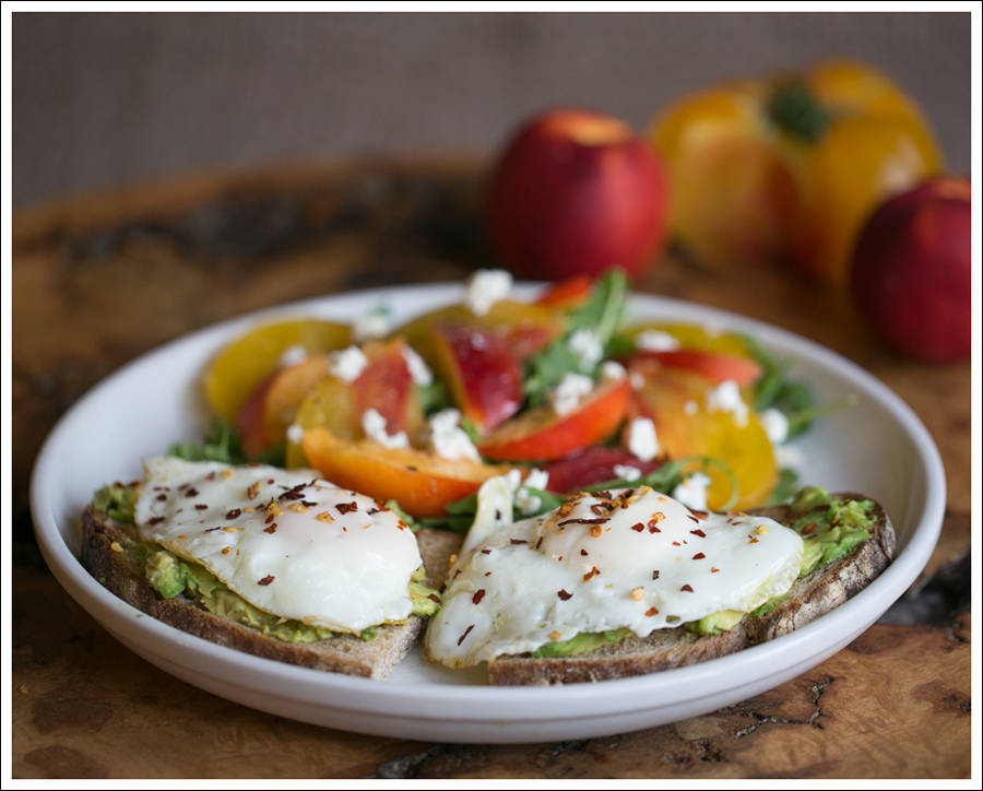 Blog Heirloom Tomato Nectarine Goat Cheese and Arugula Salad with Avocado Toast and Fried Egg-2
