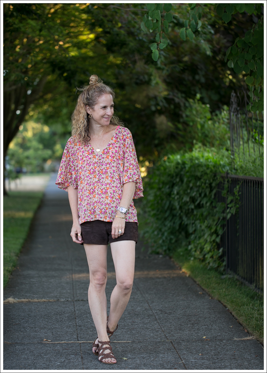 Blog Josephine Silk Floral Top Blank NYC brown Suede Shorts Madden Girl Braided Wedge-1