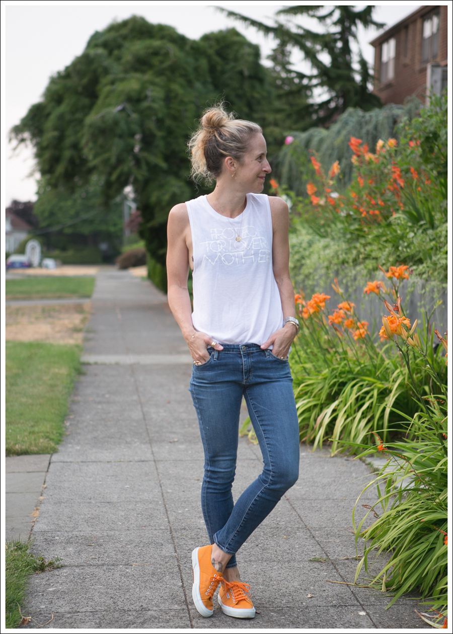 Blog LB Protector Lover Mother White Muscle Tank The Legging Ankle Super Skinny Jeans Orange Superga-1