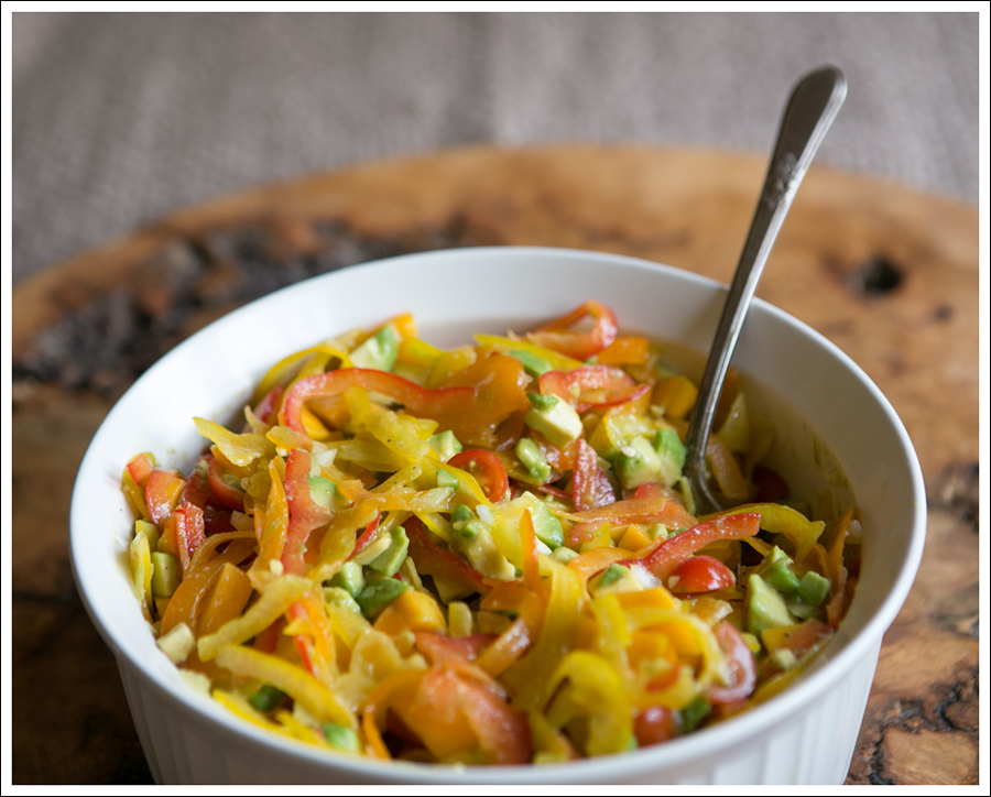 Blog Paleo Spiralized Peppers with Tomatos, Mango, and Avocado Salad over Grilled Chicken-1