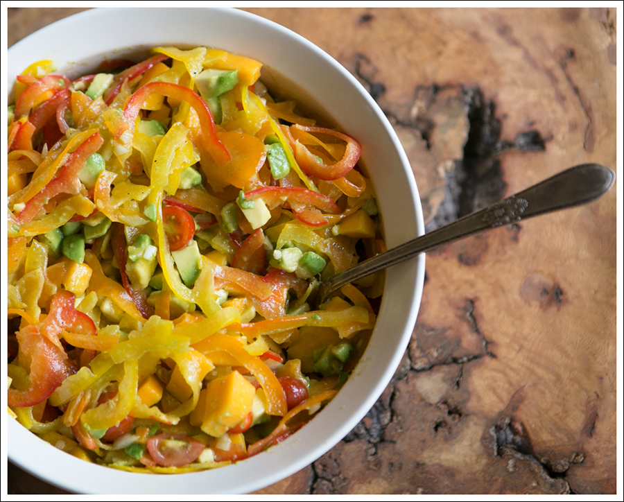 Blog Paleo Spiralized Peppers with Tomatos, Mango, and Avocado Salad over Grilled Chicken-2