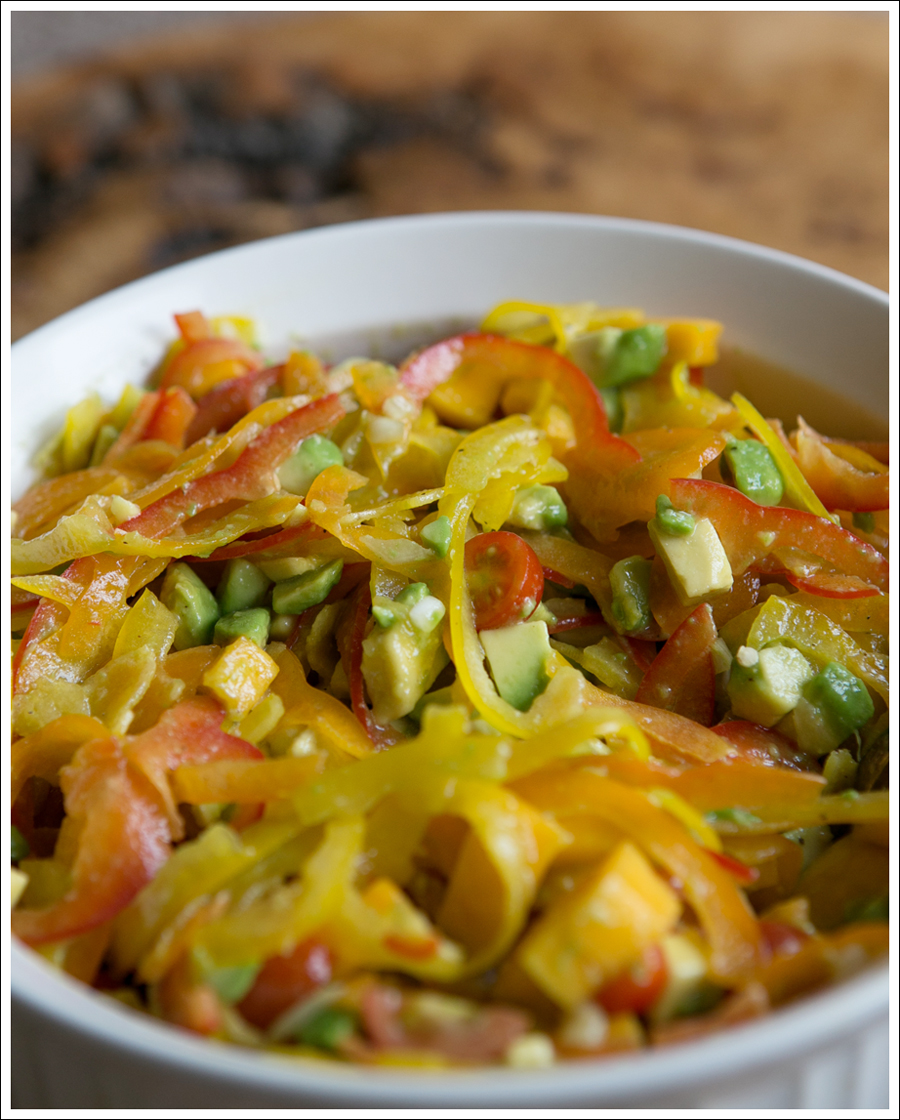 Blog Paleo Spiralized Peppers with Tomatos, Mango, and Avocado Salad over Grilled Chicken-3