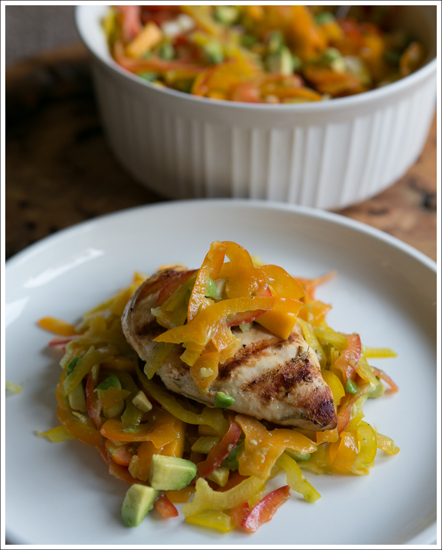 Blog Paleo Spiralized Peppers with Tomatos, Mango, and Avocado Salad over Grilled Chicken-4