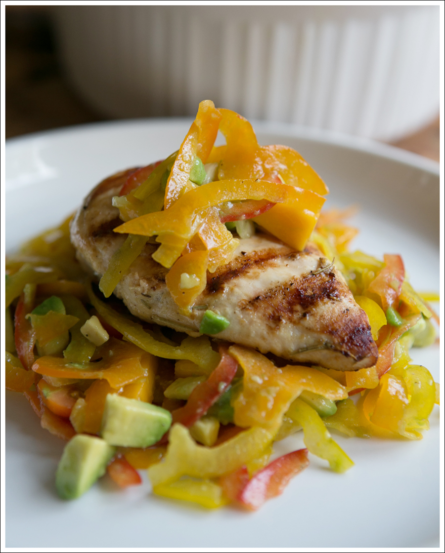 Blog Paleo Spiralized Peppers with Tomatos, Mango, and Avocado Salad over Grilled Chicken-5