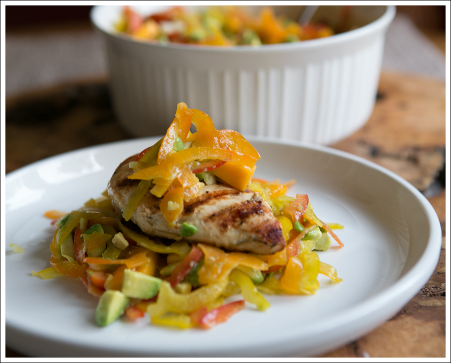 Blog Paleo Spiralized Peppers with Tomatos, Mango, and Avocado Salad over Grilled Chicken-6